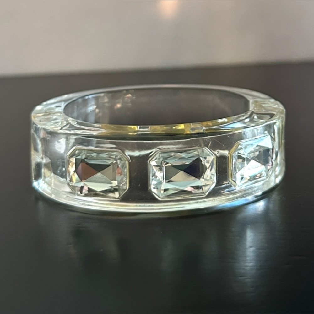 Clear Lucite Chunky Cuff Bracelet Clear Channel Set Rhinestones Hinged Magnetic